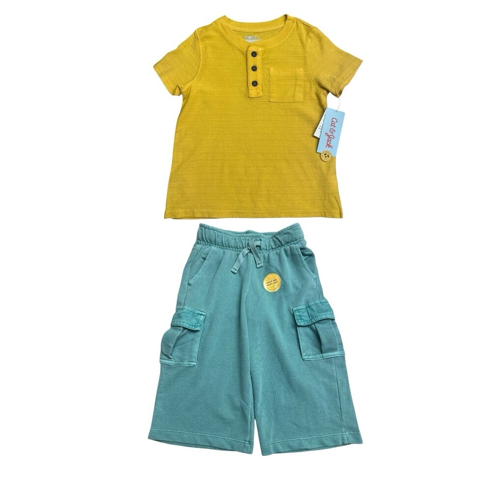 NWT Cat & Jack Toddler 3t Yellow Ribbed T-Shirt Henley & Green Knit Cargo Pants
